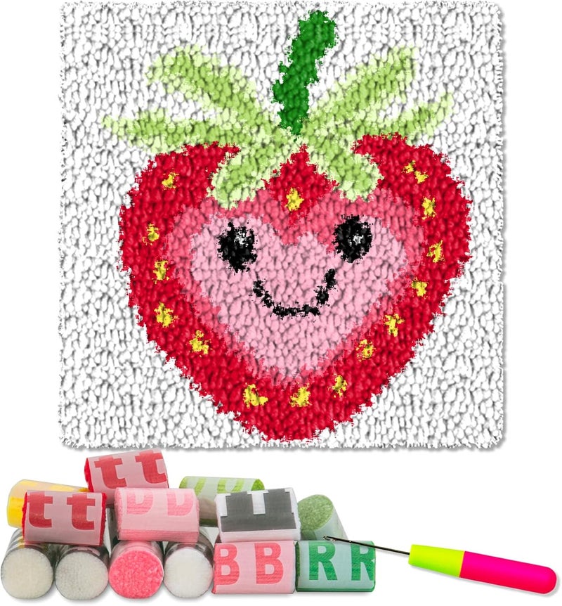 YP Strawberry Smiley Face Latch Hook Kit for DIY Craft Lovers - 12x12 Inch Crochet Rug Making Set, Fun & Creative Home Decor Needlework Project for Beginners - Image 1